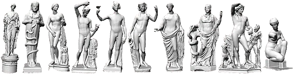 A row of white 3D scans of ancient statues shown side by side.