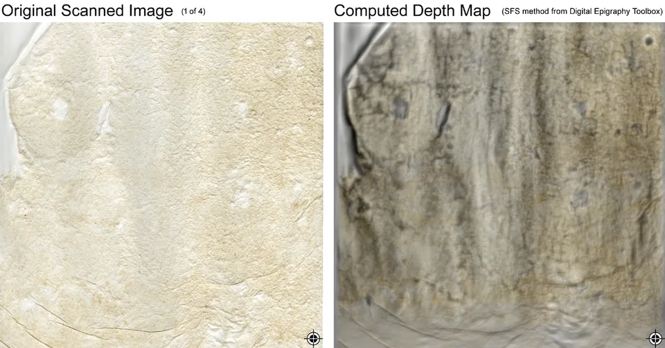 Left, an original scan of a weathered squeeze; right, the depth map computed from it.