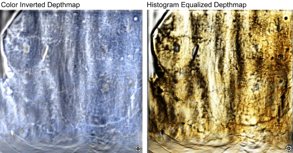 Left, a color-inverted depth map; right, a histogram-equalized depth map, both showing engraved lettering.