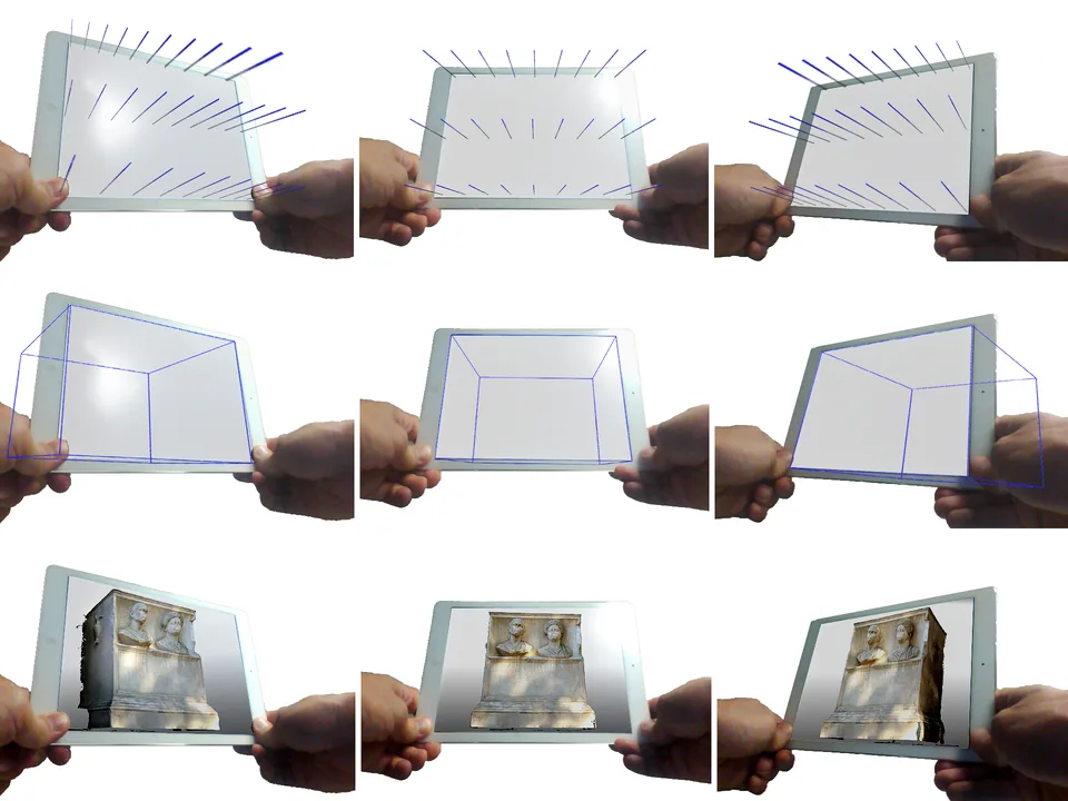 Nine photographs of hands holding a transparent tablet, showing how a virtual 3D object is manipulated with natural gestures.