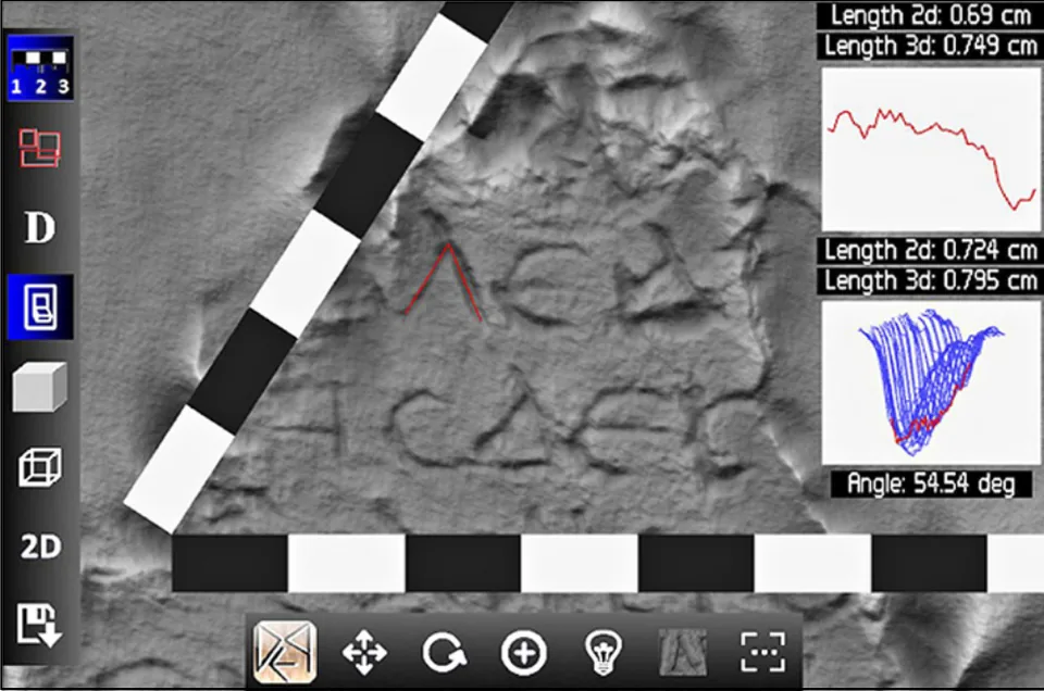 Screenshot of the 3D viewer’s measurement tools on an inscribed fragment, with a scale bar, length and angle readouts and profile graphs.