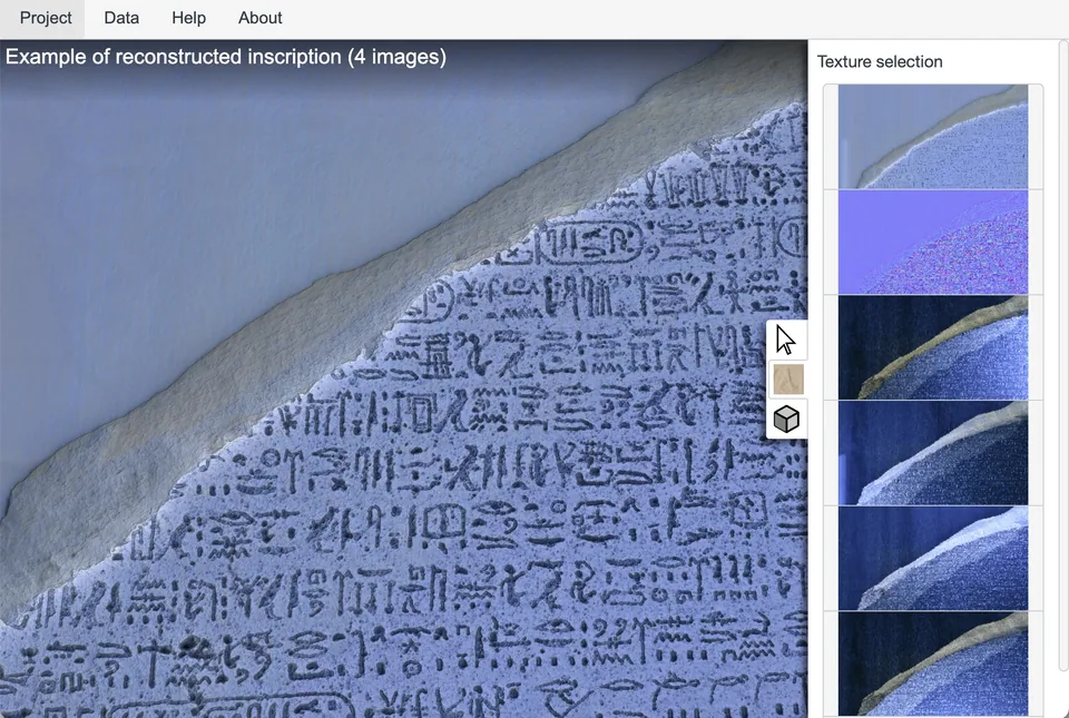 The online tool displaying a reconstructed region of the Rosetta Stone with hieroglyphs and a texture selection panel.