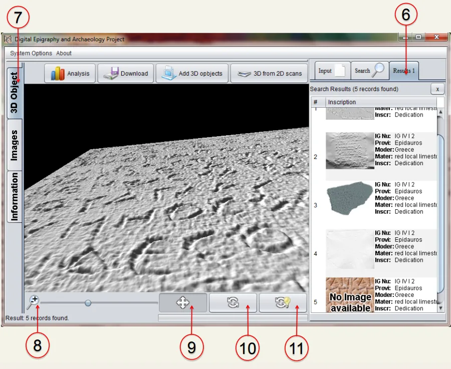 Annotated screenshot of the Digital Epigraphy Toolbox with numbered callouts, showing a 3D inscription surface and a list of search results.