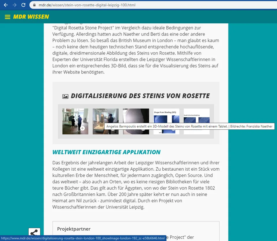 Screenshot of an MDR Wissen article about the digital Rosetta Stone, with a section headed “Digitalisierung des Steins von Rosette”.