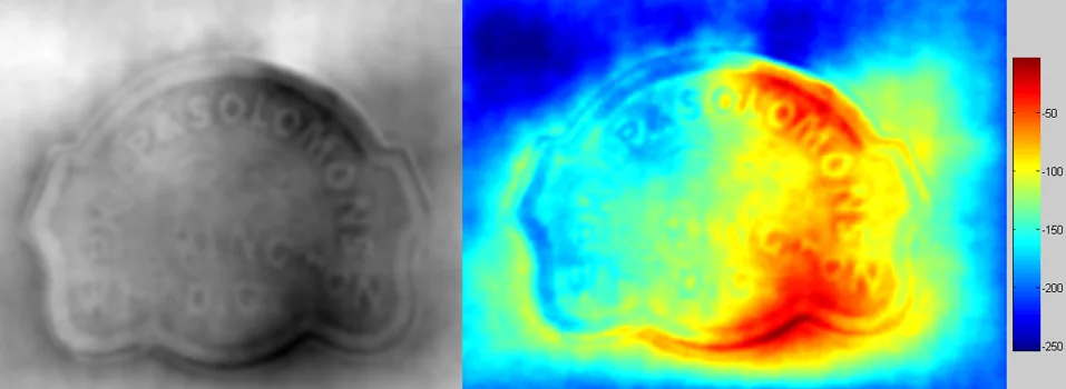 A grayscale height map of an embossed seal beside a color-coded version with a scale bar.