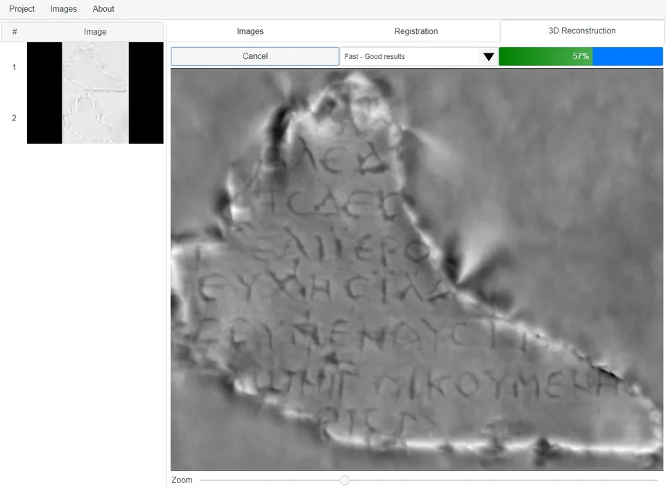 The online tool previewing a depth map of the triangular inscribed fragment while reconstruction runs.
