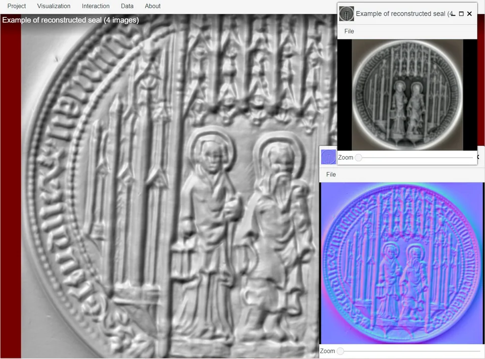 The online tool showing a reconstructed medieval seal with two robed figures under arches, plus a normal-map preview.