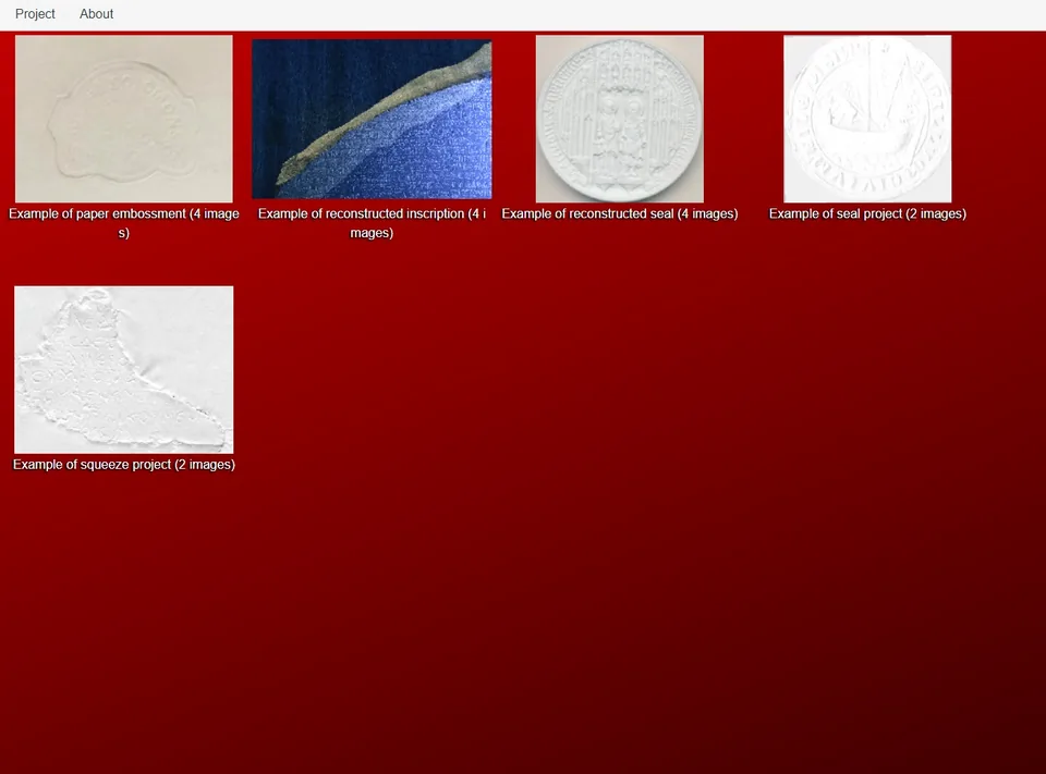 The tool’s project page with thumbnails of sample projects: squeezes, an inscription and seals.