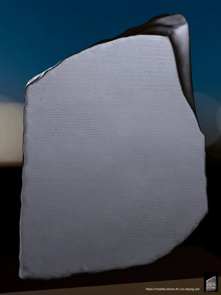 3D model of the Rosetta Stone against a dark blue background.