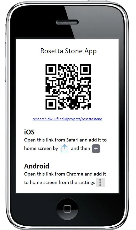 Slide titled “Rosetta Stone App” with a QR code and instructions for adding the link to an iOS or Android home screen.
