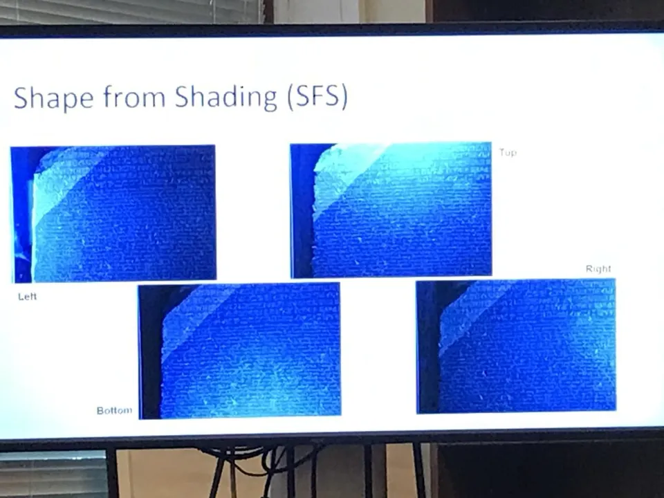 Presentation slide titled “Shape from Shading (SFS)” showing four blue-tinted images of a surface lit from different directions.
