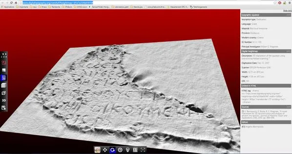 Screenshot of a 3D-rendered inscribed fragment in a web viewer with an information panel.