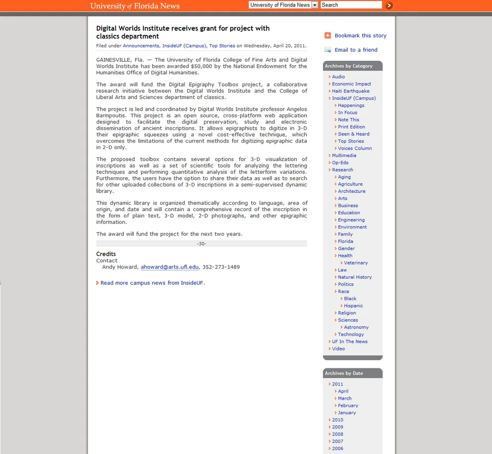 Screenshot of the University of Florida news article announcing the grant for the Digital Epigraphy Toolbox project.