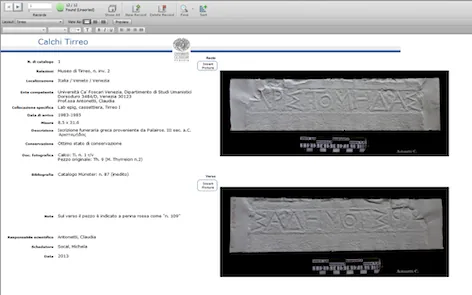 Screenshot of a Venice Squeeze Project catalogue record: a table of inscription details beside two 3D-rendered views of a paper squeeze.